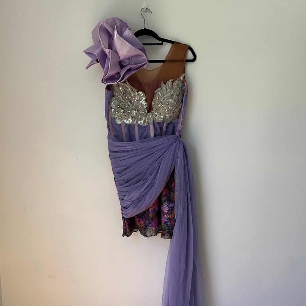 Elegant Purple and Silver Dress with Floral Accents